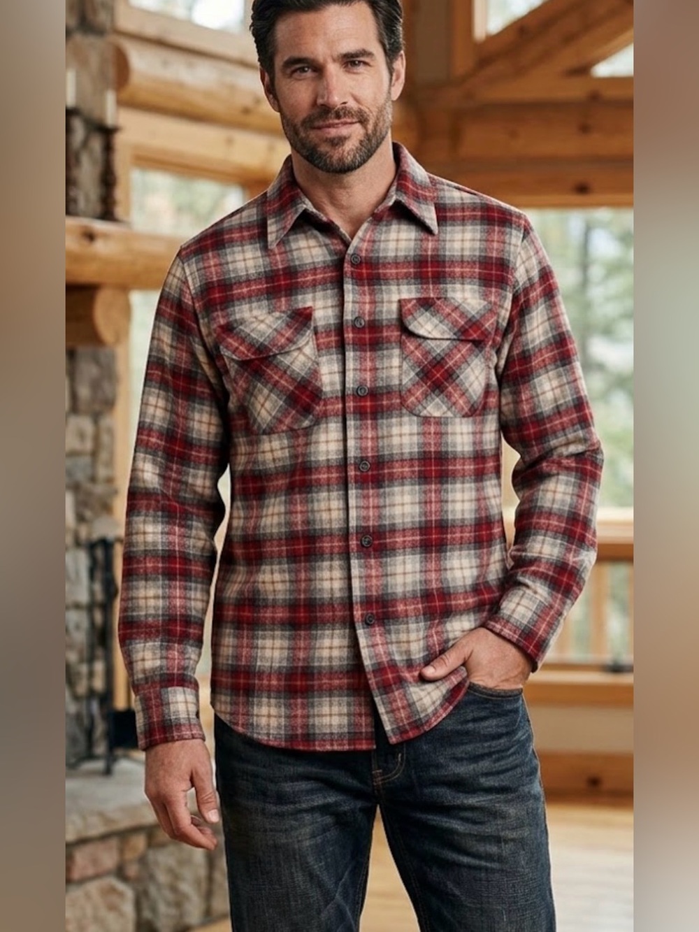 Pendleton Red and Gray Plaid Flannel Button-Down Shirt Vng